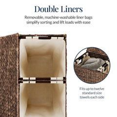 Large Water Hyacinth Double Laundry Hamper Basket w/ 2 Liner Bags