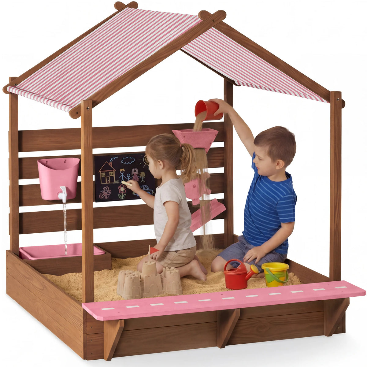 Deluxe Wooden Sandbox with Canopy & Water Table for Kids