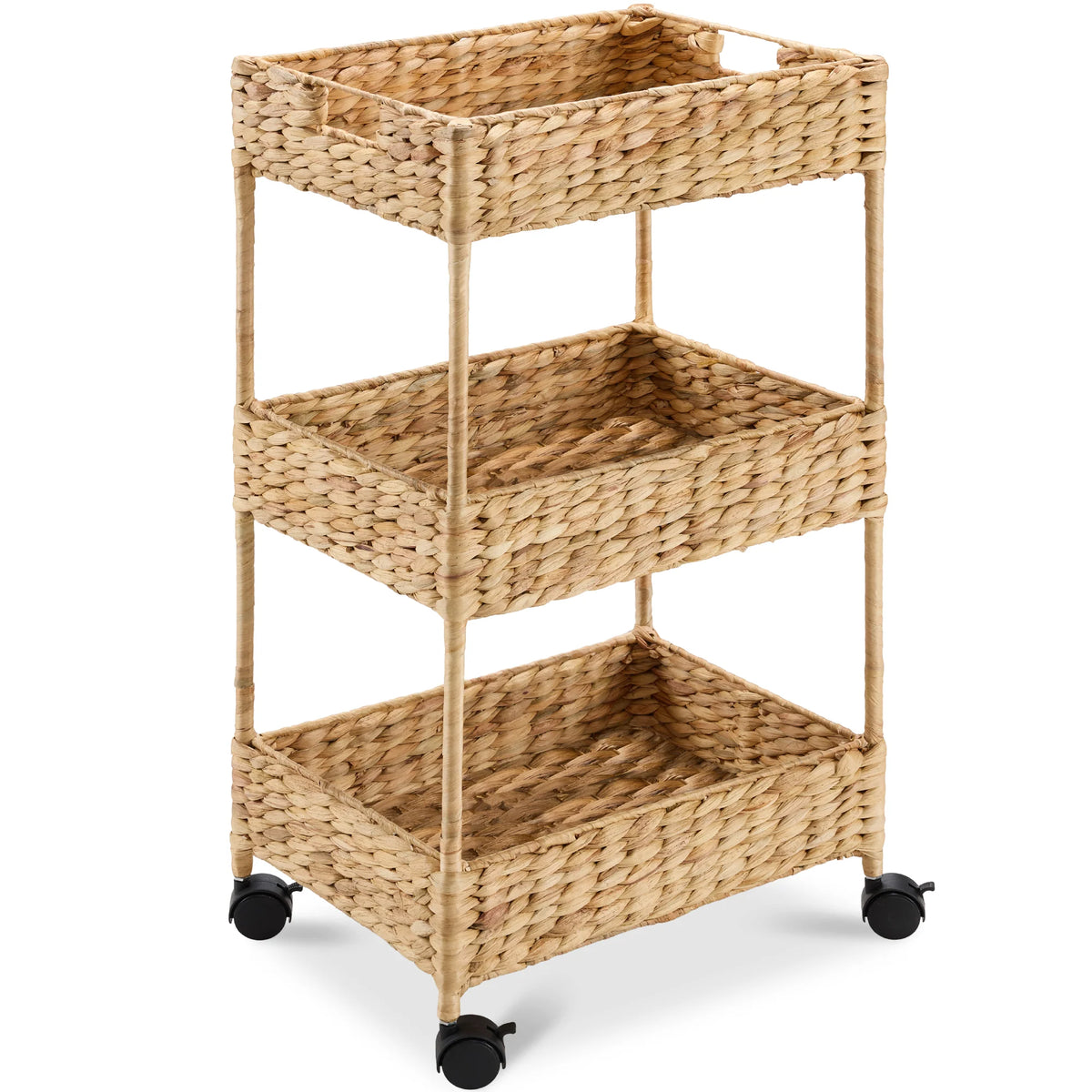 3-Tier Water Hyacinth Rolling Utility Cart w/ Weaved Baskets