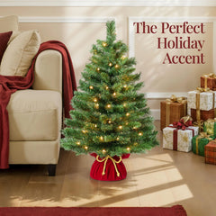 Pre-Lit Tabletop Christmas Tree w/ Red Velvet Cover & Gold Cord