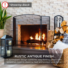 3-Panel Simple Steel Mesh Fireplace Screen w/ Worn Finish - 47.5x27.25in