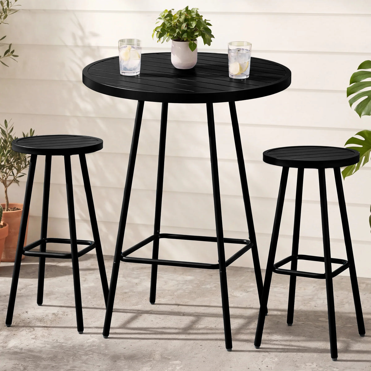 3-Piece Patio Bar Height Bistro Set w/ Backless Stools, Slatted Design