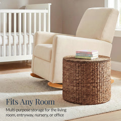 Large Round Storage Ottoman W/ Lid, Handwoven Water Hyacinth Footstool