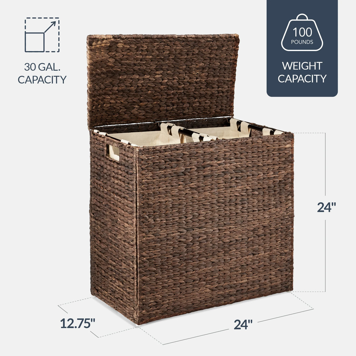 Large Water Hyacinth Double Laundry Hamper Basket w/ 2 Liner Bags