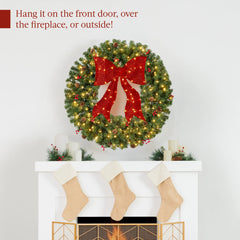 Pre-Lit Artificial Christmas Wreath w/Berries & Pinecones, Red Bow, Lights